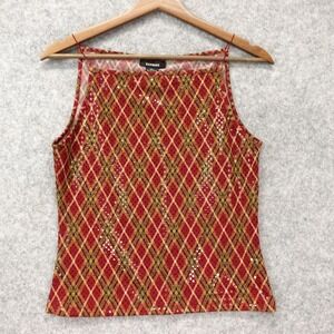 Y2K Cami Crop Top M Rust Red Iridescent Sequin Glitter Plaid Vintage EXPRESS